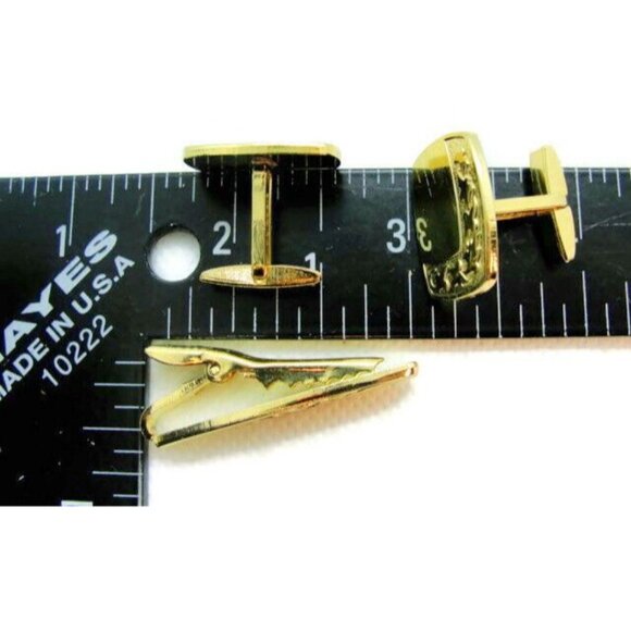 USA Rectangle Engraveable Men Vintage Cufflinks Bullet Gold Tone Set Tie - Picture 6 of 7